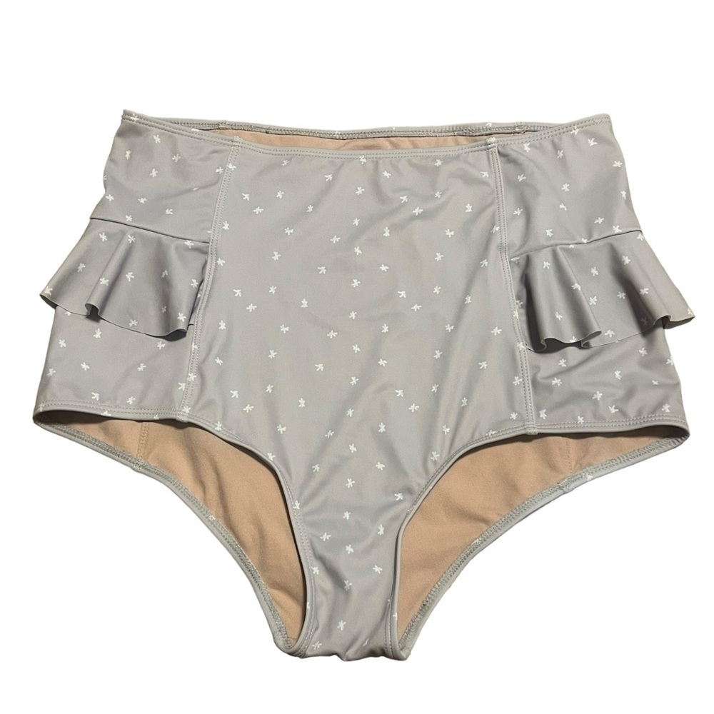 Kortni Jeane high rise gray and white star ruffle swim suit bottom